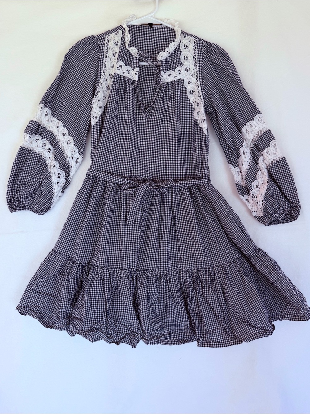 Maje Navy Gingham and Lace-Trim Dress with Tie Waist - Picture 2 of 11